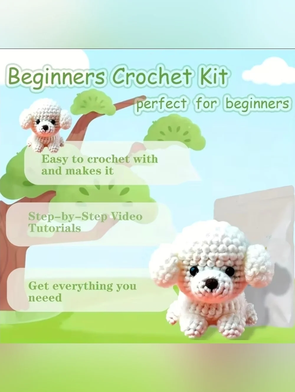 DIY White Poodle Dog Keychain Crochet For Beginners Kit All Tools Included New